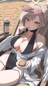 1girl above-cleavage_cutout absurdres aviator_sunglasses beach black_one-piece_swimsuit blue_archive breasts brown-tinted_eyewear brown_hair cake clothing_cutout eating feathered_wings food halo heart highleg highleg_one-piece_swimsuit highres holding holding_plate ichinisan326 large_breasts long_hair low_wings nagisa_(blue_archive) nagisa_(swimsuit)_(blue_archive) official_alternate_costume official_alternate_hairstyle one-piece_swimsuit plate sand sitting solo sunglasses swimsuit swiss_roll tinted_eyewear very_long_hair white_wings wings yellow_halo