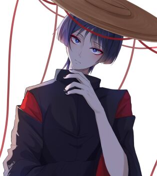 1boy artist_name black_hair black_nails black_sleeves blue_eyes blunt_ends bright_pupils brown_hat closed_mouth clothing_cutout eyelashes eyeliner eyeshadow genshin_impact hand_up hat head_tilt highres ichimegasa japanese_clothes kariginu kuronushi_(genshin_impact) layered_sleeves long_sleeves looking_at_viewer makeup male_focus nee_madiiiii red_eyeliner red_eyeshadow red_sleeves scaramouche_(genshin_impact) shoulder_cutout solo tsurime upper_body white_background white_pupils wispy_bangs