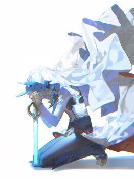 1boy alien_888 antenna_hair armor armored_boots belt_pouch blue_boots blue_hair boots cloak coat coat_on_shoulders drop_shadow facial_mark facing_to_the_side grey_pants headphones highres holding holding_sword holding_weapon hood hood_up kneeling leaning_forward long_sleeves looking_down male_focus obscured_eyes on_ground pants planted planted_sword planted_weapon pouch scabbard sheath shoulder_armor sleeves_past_wrists sword weapon white_background white_cloak white_coat wind yu-gi-oh! yu-gi-oh!_go_rush!! yudias_velgear