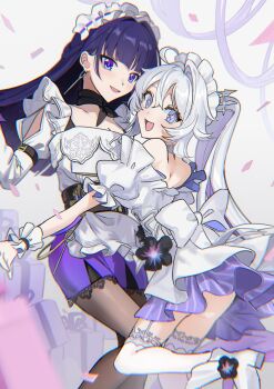 2girls alternate_costume apron bare_shoulders black_pantyhose blue_eyes box dress earrings enmaided falling_petals gift gift_box grey_hair highres honkai_(series) honkai_impact_3rd jewelry kiana_kaslana kiana_kaslana_(herrscher_of_finality) long_hair long_sleeves looking_at_viewer maid maid_apron maid_headdress multicolored_eyes multiple_girls open_mouth pantyhose petals ponytail purple_eyes purple_hair raiden_mei raiden_mei_(apho) short_sleeves smile thighhighs uehara_suiyo white_thighhighs