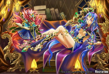 1girl blue_hair book center_opening copyright_name couch dragon dragon_horns earrings female_focus force_of_will gem high_heels horns jewelry lamp long_hair multicolored_hair nagasaki_yuko official_art purple_eyes purple_hair solo staff two-tone_hair