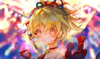 1girl absurdres bare_shoulders blonde_hair blush candy_apple commentary fireworks food genshin_impact hair_ornament highres jewelry looking_at_viewer miermere necklace open_mouth solo untranslatable_commentary yellow_eyes yoimiya_(genshin_impact)