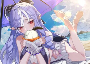 1girl absurdres backless_swimsuit bangboo_(zenless_zone_zero) bare_shoulders barefoot beach black_bow blue_sky blush bow breasts clothing_cutout cloud covered_mouth drill_hair eous_(zenless_zone_zero) frilled_one-piece_swimsuit frilled_wrist_cuffs frills hair_bow highres holding holding_stuffed_toy looking_at_viewer lying mole mole_under_eye official_alternate_costume on_stomach one-piece_swimsuit pink_bow pointy_ears purple_bow purple_hair purple_umbrella red_eyes sand sas_(ls08b) sideboob_cutout sky solo stuffed_toy swimsuit umbrella vivian_banshee vivian_banshee_(iris_of_the_shore) water wrist_cuffs zenless_zone_zero