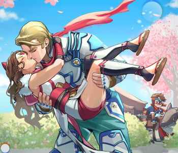 1girl 2boys ace_(fire_emblem) armor arthur_(fire_emblem_fates) blonde_hair brown_hair carrying carrying_person couple dragon family fire_emblem fire_emblem_fates hana_(fire_emblem) highres husband_and_wife kiss misokatsuhaumai multiple_boys muscular muscular_male ninja nintendo parent_and_child percy_(fire_emblem) princess_carry sakura_petals sakura_tree sandals scarf white_armor wyvern
