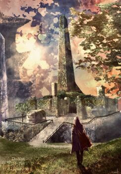 1boy artist_name highres in-universe_location male_focus obelisk on_grass outdoors scenery shulk_(xenoblade) solo standing toosut0 water waterfall watermark xenoblade_chronicles_(series) xenoblade_chronicles_3 xenoblade_chronicles_3:_future_redeemed