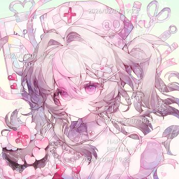 Rule 34 | 1girl, bandaid, bandaid hair ornament, cake, closed mouth, colored eyelashes, crossed bangs, dated, dessert, eyelashes, fingernails, food, hair between eyes, hair intakes, hair ornament, hat, heart, highres, long hair, multicolored hair, nurse cap, original, pink eyes, pink theme, ribbon, scissors, sidelocks, smile, solo, streaked hair, syringe, too many watermarks, two side up, upper body, watermark, wings, xingchunxiang