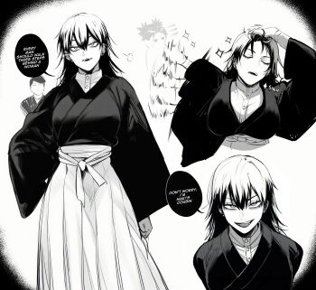 1girl 2boys absurdres afterimage breasts character_request choso_(jujutsu_kaisen) english_text formal_clothes genderswap genderswap_(mtf) highres jujutsu_kaisen large_breasts long_skirt masoq monochrome motion_blur motion_lines multicolored_hair multiple_boys robe skirt sparkle speech_bubble suit tagme two-tone_hair zen'in_naoya