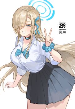 Rule 34 | 1girl, absurdres, asuna (blue archive), asuna (school uniform) (blue archive), black choker, black skirt, blonde hair, blue archive, blue bow, blue bowtie, blue eyes, blue halo, blue ribbon, blue scrunchie, blush, bow, bowtie, breasts, choker, city (nnnnnnn 100), collarbone, grin, hair over one eye, hair ribbon, halo, highres, large breasts, long hair, looking at viewer, loose bowtie, open mouth, pleated skirt, ribbon, school uniform, scrunchie, shirt, skirt, smile, solo, v, very long hair, white shirt, wrist scrunchie