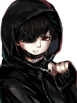 Rule 34 | 1boy, black hair, black jacket, black nails, closed mouth, commentary request, copyright name, expressionless, eyepatch, highres, holding zipper pull tab, hood, hood up, hooded jacket, jacket, kaneki ken, looking at viewer, male focus, mask, mask around neck, mask print, one eye covered, portrait, red eyes, shishi (eai make), short hair, simple background, solo, teeth print, tokyo ghoul, white background, zipper, zipper pull tab