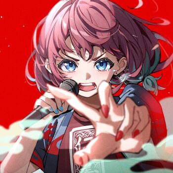 1girl blue_eyes blue_nails blurry blurry_foreground earrings girls_band_cry highres holding holding_microphone iseri_nina jewelry looking_at_viewer microphone mnemo_(mnemorikriyairo) multicolored_hair music nail_polish open_mouth pink_hair reaching reaching_towards_viewer red_background red_nails red_shirt shirt short_sleeves singing solo upper_body v-shaped_eyebrows