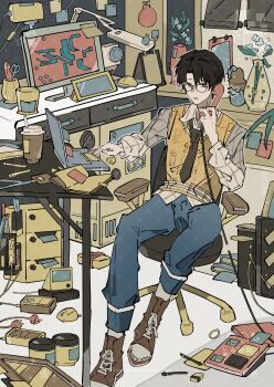 absurdres binder cabinet chair chinese_commentary commentary_request computer computer_mouse cubicle desk file_cabinet glasses highres id_card indoors klein_moretti lord_of_the_mysteries monitor office office_chair paper sticky_note swivel_chair zhou_mingrui