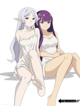 2girls absurdres armpit_crease arms_at_sides bare_arms bare_legs bare_shoulders barefoot blunt_bangs breasts cleavage collarbone crease curled_fingers dress elf eyebrows_hidden_by_hair eyelashes feet female_focus fern_(sousou_no_frieren) fingernails frieren green_eyes hair_down happy highres hime_cut invisible_chair jojo_reference kevcrexx knees knees_together_feet_apart large_breasts light_smile long_hair looking_at_viewer matching_hair/eyes multiple_girls neck nightgown no_bra no_earrings official_alternate_costume official_alternate_hairstyle official_style outstretched_leg own_hands_together pale_skin parted_bangs petite pointy_ears purple_eyes purple_hair scan short_dress shoulder-to-shoulder sidelocks sitting sleepwear small_breasts soles sousou_no_frieren strap_slip thick_eyebrows thighs to_be_continued toenails toes white_background white_hair white_nightgown