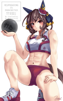 1girl abs animal_ears bare_shoulders blush braid braided_hair_rings breasts brown_hair buruma closed_mouth ear_covers ear_ornament english_text engrish_text gentildonna_(umamusume) hair_between_eyes hair_ornament hair_rings heart-shaped_ornament heart_ear_ornament highres horse_ears horse_girl horse_tail large_breasts legs long_hair looking_at_viewer metal_ball midriff muscular muscular_female navel ranguage red_buruma red_eyes shoes shotput simple_background smile sneakers solo sports_bra stomach strong tail thighs track_uniform umamusume white_background white_sports_bra yumibakama_meme