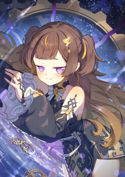 Rule 34 | 1girl, absurdres, anya melfissa, anya melfissa (1st costume), bare shoulders, blonde hair, bow, bowtie, brooch, brown hair, commentary request, detached sleeves, dutch angle, frilled sleeves, frills, gears, gradient hair, highres, hololive, hololive indonesia, jewelry, kris hair ornament, long hair, long sleeves, lying, multicolored hair, on side, partially submerged, puffy sleeves, purple eyes, sky, solo, star (sky), starry sky, streaked hair, tareme, tsubasasekai, two-tone hair, two side up, virtual youtuber, white bow, white bowtie