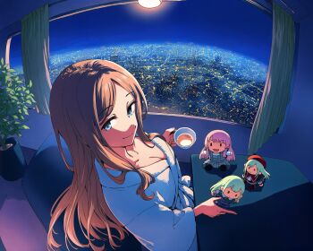 4girls bang_dream! bang_dream!_it&#039;s_mygo!!!!! blue_eyes breasts brown_hair chihaya_anon cityscape cup curtains desk firepillar green_hair hashtag-only_commentary highres large_breasts long_hair mortis_(bang_dream!) multiple_girls nagasaki_soyo night night_sky pink_hair plant robe sky stuffed_toy teacup wakaba_mutsumi white_robe