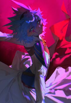 Rule 34 | 1boy, alien 888, antenna hair, arched back, belt pouch, blue hair, coat, cowboy shot, dappled sunlight, facial mark, facing to the side, green eyes, grin, hair between eyes, hair over one eye, head tilt, headphones, high contrast, highres, leaning back, long sleeves, looking back, looking to the side, male focus, outstretched arms, pink background, pouch, shoulder pads, sleeves past wrists, smile, spiked hair, sunlight, turning head, upper body, white coat, wind, yu-gi-oh!, yu-gi-oh! go rush!!, yudias velgear