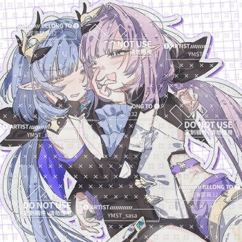 2girls artist_request black_shorts blue_eyes blue_hair breasts chinese_commentary commentary_request commission corset elf elysia_(honkai_impact) elysia_(miss_pink_elf)_(honkai_impact) grid_background hair_ornament hand_on_own_cheek hand_on_own_face herrscher_of_corruption highres honkai_(series) honkai_impact_3rd hug incest long_hair medium_breasts multiple_girls open_mouth parted_lips pink_hair pointy_ears shorts siblings smile too_many_watermarks twincest twins very_long_hair watermark white_corset yuri