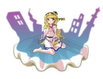 1girl alphes_(style) barefoot between_legs black_hairband blonde_hair blush breasts clam_shell_ornament collarbone commentary_request dairi dress fossilized_wonders frilled_sleeves frills full_body hairband hand_between_legs hand_on_own_chest highres large_variant_set long_hair medium_breasts parody side_slit solo style_parody tachi-e touhou transparent_background variant_set very_long_hair watari_nina wavy_hair white_dress wide_sleeves