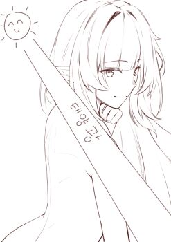 1girl absurdres back closed_mouth commentary_request elysia_(honkai_impact) from_side hand_up highres honkai_(series) honkai_impact_3rd korean_commentary korean_text light_censor lineart long_hair looking_at_viewer looking_to_the_side nude pointy_ears pyeong_il sidelocks smile solo