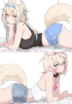 2girls absurdres alternate_costume animal_collar animal_ear_fluff animal_ears ass bandaid bandaid_hair_ornament bare_arms bed_sheet black_collar black_tank_top blonde_hair blue_eyes blue_hair blue_hairband blue_shorts bluefield braid breasts camisole closed_mouth collar commentary crop_top crossed_bangs denim denim_shorts dog_ears dog_girl dog_tail dolphin_shorts double-parted_bangs extra_ears fake_horns frayed_shorts from_side fuwawa_abyssgard hair_between_eyes hair_intakes hair_ornament hairband hairclip hand_on_own_chin head_rest highres hololive hololive_english horn_hairband horns large_breasts long_hair looking_at_viewer lying midriff mococo_abyssgard multicolored_hair multiple_girls on_stomach parallel_hairclips pink_eyes pink_hair pink_hairband short_hair short_shorts shorts siblings side_braids simple_background sisters small_breasts smile spiked_collar spikes split_screen streaked_hair tail tank_top twins two_side_up virtual_youtuber white_background white_camisole x_hair_ornament