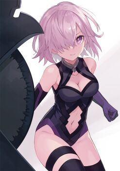 1girl bare_shoulders black_leotard black_thighhighs breasts cleavage clenched_hand closed_mouth clothing_cutout commentary_request elbow_gloves fate/grand_order fate_(series) gloves hair_over_one_eye highres leotard looking_at_viewer mash_kyrielight mash_kyrielight_(demi-servant) medium_breasts navel navel_cutout orqz pink_hair purple_eyes shield short_hair simple_background solo thigh_strap thighhighs