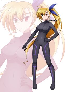 1girl absurdres black_bodysuit blonde_hair blush bodysuit breasts cameltoe closed_mouth covered_navel full_body hair_ribbon hand_on_own_hip heterochromia highres large_breasts long_hair looking_at_viewer lyrical_nanoha mahou_shoujo_lyrical_nanoha_strikers oshimaru026 ponytail ribbon skin_tight smile solo vivio zoom_layer