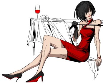 1girl alcohol bare_shoulders black_gloves black_hair black_shoes bracelet breasts crossed_legs cup dress drinking_glass full_body gloves hair_over_one_eye hashtag-only_commentary high_heels highres holding_necktie jewelry medium_breasts mikasa_ackerman pumps red_dress red_lips red_wine shingeki_no_kyojin shoes short_dress short_hair single_glove sitting sketch solo white_background wine wine_glass xiajiuwan