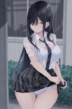 1girl black_hair black_skirt bra bra_visible_through_clothes closed_mouth collared_shirt commentary_request cowboy_shot crotch_seam day diagonal-striped_clothes diagonal-striped_necktie eyes_visible_through_hair grey_eyes grey_necktie hair_over_one_eye hair_over_shoulder hedge highres light_blush long_bangs long_hair miniskirt necktie original outdoors panties plaid_clothes plaid_skirt pleated_skirt rain see-through_clothes see-through_shirt shirt shirt_tucked_in short_sleeves sidelocks skirt solo standing striped_clothes thigh_gap underwear very_long_hair water_drop wet wet_clothes wet_hair wet_panties wet_shirt wet_skirt white_bra white_panties white_shirt window wing_(aiastor) wing_collar wringing_clothes wringing_skirt
