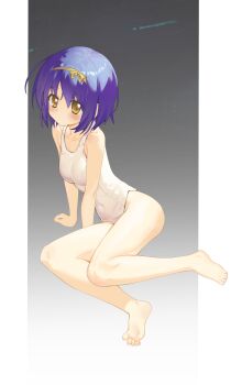 1girl absurdres arm_support bare_legs barefoot blue_hair blush bow breasts chinese_commentary clenched_hand commentary_request covered_navel expressionless feet full_body gradient_background grey_background hair_between_eyes hair_bow hairband highres hoshizora_no_memoria isuzu_aoi legs looking_at_viewer medium_hair muchun_(2571268436) one-piece_swimsuit parted_lips school_swimsuit simple_background sitting small_breasts soles solo swimsuit thighs toes white_one-piece_swimsuit yellow_bow yellow_eyes yellow_hairband yokozuwari