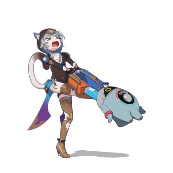 >_< 1girl 3d animal_ear_fluff animal_ears animal_hood bangboo_(zenless_zone_zero) belt boots braid cat_ears cat_girl cat_hood cat_tail catsaicin choker cipher_(honkai:_star_rail) company_connection crossover ears_through_hood fingerless_gloves foot_on_head full_body gloves gold_boots grey_hair highres honkai:_star_rail honkai_(series) hood hood_up hooded_leotard leotard long_hair long_sleeves magnet magnetiboo_(zenless_zone_zero) magnetism mihoyo mole mole_on_chest non-humanoid_robot open_mouth pouch robot side_braid simple_background single_braid standing standing_on_one_leg tail thigh_belt thigh_boots thigh_strap white_background zenless_zone_zero