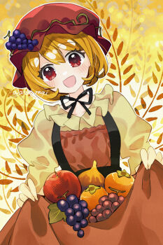 Rule 34 | 1girl, :d, absurdres, aki minoriko, apple, apron, blonde hair, blush, commentary request, food, frilled shirt collar, frills, fruit, grape hat ornament, grapes, hat, highres, juliet sleeves, katsuragi atori, long sleeves, looking at viewer, mob cap, open mouth, orange hair, puffy sleeves, red apron, red eyes, red hat, shirt, short hair, skirt hold, smile, solo, touhou, wheat, yellow shirt