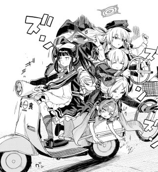 5girls :&lt; akari_(blue_archive) apron bicycle blue_archive collared_dress commentary_request crushed curled_horns dress driving frown full_body fuuka_(blue_archive) gloves gourmet_research_society_(blue_archive) greyscale halo hands_up haruna_(blue_archive) hat headscarf holding holding_steering_wheel horns human_stacking izumi_(blue_archive) jacket jacket_on_shoulders jitome junko_(blue_archive) long_hair long_sleeves lying lying_on_person monochrome moped motion_lines motor_vehicle multiple_girls on_stomach outstretched_arms peaked_cap sadamatsu_ryuuichi short_sleeves simple_background sitting smile steering_wheel twintails uneven_eyes v-shaped_eyebrows