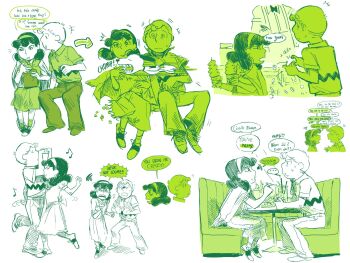 1boy 1girl aged_up charlie_brown dog dubu274611 food hairband highres ice_cream long_skirt lucy_van_pelt monochrome peanuts_(comic) short_hair sitting skirt snoopy spot_color