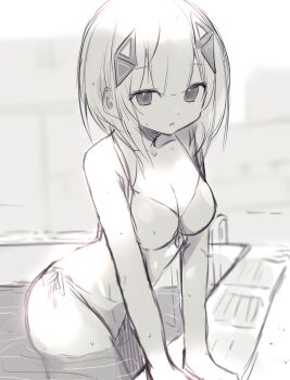 1girl absurdres bikini blunt_bangs breasts cevio diamond_hair_ornament front-tie_bikini_top front-tie_top greyscale halterneck highres kafu_(cevio) kamitsubaki_studio looking_at_viewer medium_breasts monochrome narrow_waist partially_submerged pool poono short_hair side-tie_bikini_bottom sidelocks sketch slim_legs string_bikini swimsuit white_hair