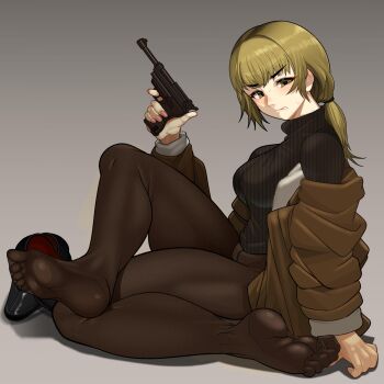 1girl absurdres black_shoes black_sweater blonde_hair bomber_jacket breasts brown_jacket brown_pantyhose clenched_teeth commentary english_commentary fear_&amp;_hunger_(series) fear_&amp;_hunger_2:_termina feet finger_on_trigger from_side full_body gradient_background grey_background gun handgun highres holding holding_gun holding_weapon jacket karin_(fear_&amp;_hunger) large_breasts looking_at_viewer minami_no_uo-za no_pants no_shoes off_shoulder open_clothes open_jacket pantyhose ponytail shoes sitting soles solo sweater teeth toes unworn_shoes weapon yellow_eyes