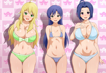 3girls absurdres ahoge bikini blonde_hair blue_bikini blue_hair breasts brown_eyes commentary_request cowboy_shot gluteal_fold green_bikini green_eyes highres hoshii_miki idolmaster idolmaster_(classic) kisaragi_chihaya large_breasts large_variant_set long_hair looking_at_viewer miura_azusa multiple_girls navel open_mouth purple_eyes short_hair side-by-side small_breasts smile standing string_bikini swimsuit variant_set white_bikini yagiyama_hituzi