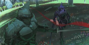 2boys absurdres adaman_(black_souls) armor black_souls commentary english_commentary english_text field full_armor grass green_armor highres holding holding_sword holding_weapon l-mi'raj_(black_souls) lhunterz multiple_boys purple_armor sword weapon wide_shot