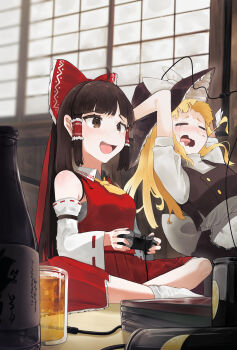2girls absurdres apron ascot beer_mug black_hat black_vest blonde_hair bottle bow brown_eyes brown_hair can closed_eyes commentary_request controller crying cup detached_sleeves dualshock frilled_bow frilled_hair_tubes frills game_console game_controller gamepad hair_bow hair_tubes hakurei_reimu hat highres holding holding_controller holding_game_controller indoors kirisame_marisa long_hair mug multiple_girls open_mouth playing_games playstation_2 playstation_controller puffy_short_sleeves puffy_sleeves red_bow red_skirt ribbon-trimmed_sleeves ribbon_trim short_sleeves sitting skirt skirt_set smile snot streaming_tears tears touhou vest waist_apron white_bow witch_hat yellow_ascot youtube_snh