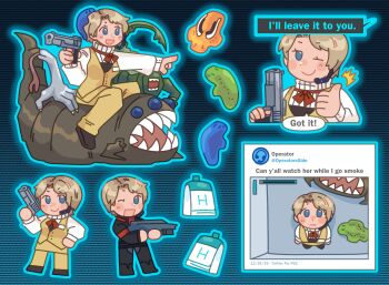 Rule 34 | 1girl, blonde hair, blue eyes, blush, chibi, commentary, english commentary, english text, gun, handgun, headset, highres, holding, holding gun, holding weapon, hoshizora lone, long sleeves, monster, one eye closed, open mouth, operator's side, pantyhose, pencil skirt, pointing, ribbed sweater, rio hohenheim, short hair, skirt, smile, solo, sweater, thumbs up, vest, weapon, white sweater, yellow pantyhose, yellow skirt, yellow vest