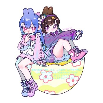 2girls animal_ears ankle_lace-up arm_at_side arms_on_knees artist_name assault_lily bird_hair_ornament blue_hair bow bowtie brown_hair closed_mouth commentary_request cross-laced_clothes cross-laced_sleeves dated easter easter_egg egg egg_hair_ornament finger_to_own_chin fingernails flower food-themed_hair_ornament footwear_bow frilled_shirt frills fukuyama_jeanne_sachie full_body fur-trimmed_shorts fur_trim hair_flower hair_ornament hairband hairclip hand_on_own_hip hand_up hands_up high_heels highres kemonomimi_mode kishimoto_maria_mirai knees_up komuzuka legs_together long_hair long_shirt long_sleeves looking_at_viewer mole mole_under_eye multiple_girls outstretched_arms oversized_object pink_bow pink_bowtie pink_eyes pink_shirt pink_shoes puffy_long_sleeves puffy_sleeves purple_bow purple_bowtie purple_eyes purple_hairband purple_shirt rabbit_ears shirt shoes shorts side-by-side signature sitting sleeves_past_wrists smile watermark white_flower white_shorts