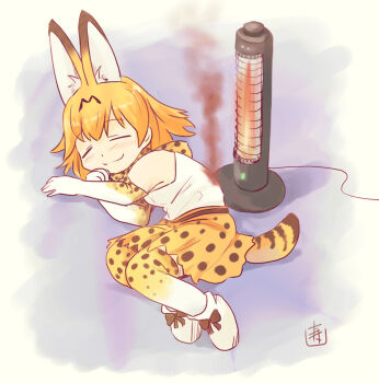 1girl animal_ears animal_print bare_shoulders blonde_hair blush boots cat_ears cat_girl cat_tail closed_eyes elbow_gloves extra_ears gloves gradient_gloves gradient_thighhighs hair_between_eyes heater high-waist_skirt kemono_friends kotobuki_keisuke print_gloves print_skirt print_thighhighs serval_(kemono_friends) shirt short_hair sidelocks skirt sleeping sleeveless smile smoke solo tail thighhighs white_boots white_gloves white_shirt white_thighhighs zettai_ryouiki