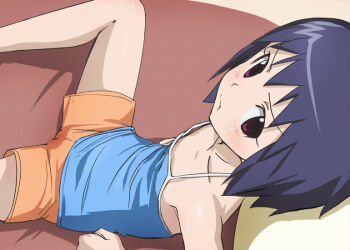 1girl :t blue_hair blush cameltoe camisole collarbone downblouse female_focus flat_chest haruyama_kazunori kamisama_dolls kuga_utao looking_at_viewer nipple_slip nipples purple_eyes short_hair shorts solo spread_legs