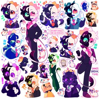 Rule 34 | 1boy, 1girl, 2others, ?, ??, animalization, ascot, black hair, box, box on head, cardboard box, cat, closed eyes, commentary, crown, crumb (cuptoast), dancing, dream smp, english commentary, english text, ethan winters, excuse me he asked for no pickles (meme), eye of ender, heterochromia, highres, horns, humanization, meme, minecraft, minecraft youtube, monster girl, multicolored fur, multiple others, multiple views, no mouth, origins smp, other focus, ranboo, ranboo (enderian), resident evil, resident evil village, simple background, sleepy cheeky, smile, speech bubble, tail, thought bubble, thumbs up, white background