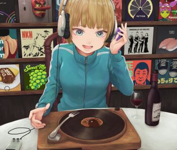 1girl blue_eyes bottle brown_hair chair commentary cup drinking_glass english_commentary fish_(food) food fork fruit grapes headphones instrument jacket mask nigirizushi open_mouth original phonograph saxophone shoes short_hair sitting solo sushi table tengu_mask turntable vinyl_record wine_bottle wine_glass yajirushi_(chanoma)
