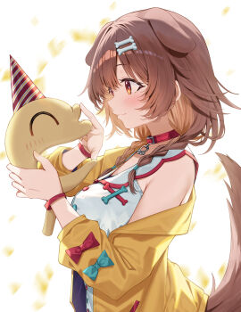 1girl animal_ears backlighting bone_hair_ornament bracelet braid brown_eyes brown_hair cartoon_bone collar dog_ears dog_girl dog_tail dress extra_ears hair_ornament happy_birthday hat highres hololive inugami_korone inugami_korone_(1st_costume) jacket jewelry kurousagi_(black_rabbit563) listener_(inugami_korone) long_hair long_sleeves looking_at_another open_clothes open_jacket party_hat profile red_collar sleeve_bow sleeveless sleeveless_dress solo tail twin_braids upper_body virtual_youtuber white_dress yellow_jacket