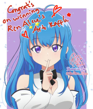 1girl absurdres antenna_hair asamistuff black_bow black_bowtie blue_hair border bow bowtie cleavage_cutout closed_mouth clothing_cutout collared_shirt commentary congratulations detached_sleeves english_commentary english_text finger_to_mouth highres index_finger_raised indie_virtual_youtuber light_blush long_hair long_sleeves looking_at_viewer mandarin_collar outside_border puffy_long_sleeves puffy_sleeves purple_background purple_eyes rinalice_chan shirt shushing signature sleeveless sleeveless_shirt smile twitter_username virtual_youtuber white_border white_shirt white_sleeves