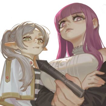 2girls absurdres anachronism backlighting black_coat blunt_bangs breasts bright_pupils capelet coat dress elf expressionless fern_(sousou_no_frieren) foreshortening frieren gold_trim green_eyes grey_hair hair_over_shoulder highres holding holding_stylus large_breasts long_pointy_ears looking_at_viewer meme multiple_girls open_clothes open_coat parted_bangs pointy_ears purple_eyes quieres?_(meme) shirt sousou_no_frieren standing striped_clothes striped_shirt stylus thick_eyebrows twintails upper_body white_capelet white_dress white_pupils xia_finger