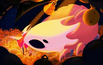 1girl arthropod_girl bell bell_beast_(hollow_knight) black_skin cloak colored_skin full_body highres holding holding_map hollow_eyes hollow_knight hollow_knight:_silksong horned_mask hornet_(hollow_knight) indoors light_rays looking_at_another looking_at_map map mask needle_(hollow_knight) no_humans no_mouth red_cloak spacecat222 standing too_many weapon weapon_on_back white_mask