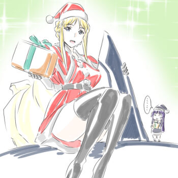 belt black_belt black_boots black_gloves blonde_hair blue_eyes boots christmas commentary_request dress gift gloria_louise gloves hair_up hat jinrouki_winvurga long_sidelocks looking_at_viewer lowres open_mouth red_dress santa_costume santa_dress santa_hat short_dress sidelocks sketch smile thigh_boots tsunashima_shirou