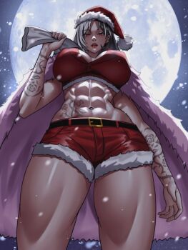1girl abs black_hair breasts cape cleavage coat full_moon fur-trimmed_shorts fur_cape fur_coat fur_trim goddess_of_victory:_nikke hat huge_breasts large_breasts long_hair looking_at_viewer moon multicolored_hair muscular muscular_female navel red_eyes red_shorts rosanna_(nikke) santa_hat shorts solo split-color_hair tattoo thighs two-tone_hair white_hair zinfian